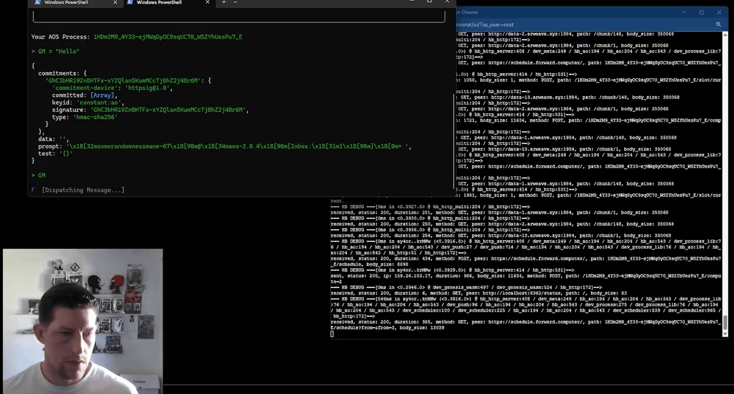 A screen capture of a live coding session featuring Jonny Ringo with various terminal windows and data logs visible.